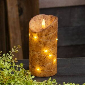 Rustic 6 inch Burnt Ivory Led Wrapped Flicker Flame Timer Pillar